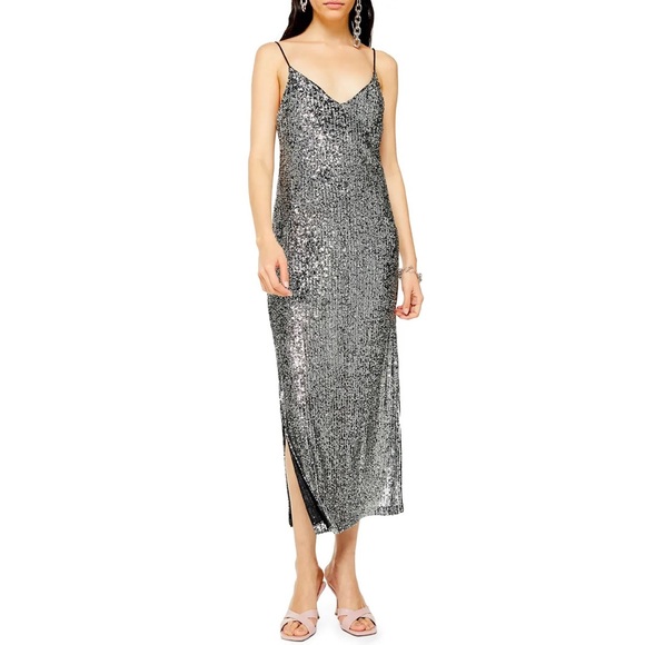 NWOT Topshop Sequin Midi Dress with Slit - Picture 2 of 5
